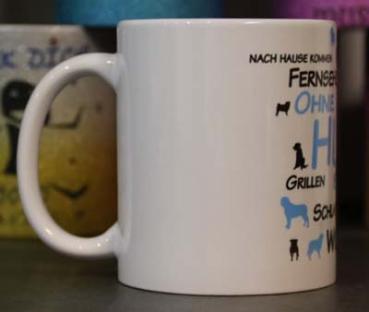Weiße Tasse mit Spruch "OHNE HUND IST ALLES DOOF"