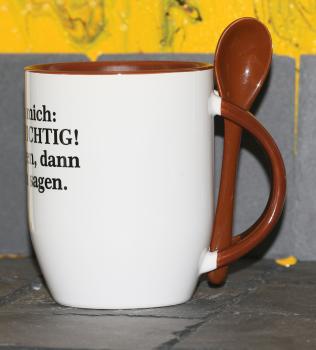 Weiße Tasse mit Spruch "GANZ WICHTIG!, ERST AUFLEGEN; DANN ARSCHLOCH SAGEN!"