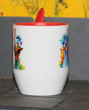 Weiße Tasse mit Spruch "Vögel V8-V6"
