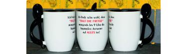 Weiße Tasse mit Spruch ""MORGEND VOR 9UHR EINFACH DIE FRESSE HALTEN"