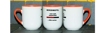 Weiße Tasse mit Spruch "MORGENMUFFEL; NOCH NICHT ANSPRECHEN"