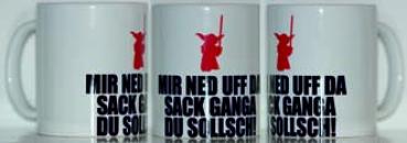 Weiße Tasse mit Spruch YODA" MIR NED UFF DA SACK GANGA DU SOLSCHT!"