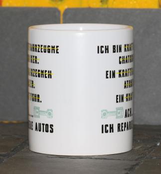 Weiße Tasse mit Spruch "ICH REPARIERE AUTOS"