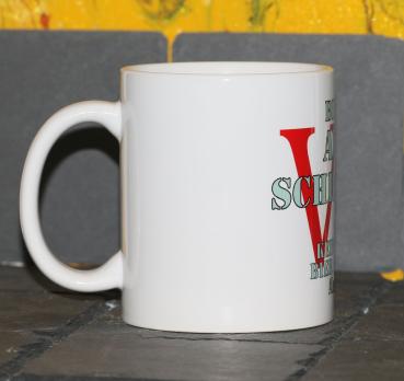 Weiße Tasse mit Spruch "BIN AM AUTO SCHRAUBEN, KEINE TIPS! BIER BRINGEN! ABFLUG"