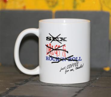 Weiße Tasse mit Spruch "SEX DRUKS & ROCK´N ROLL"