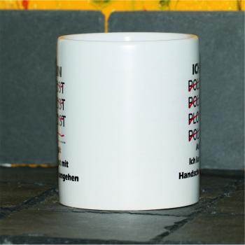 Weiße Tasse mit Spruch Polizist "ACH EGAL ICH KANN GUT MIT HANDSCHELLEN UMGEHEN"