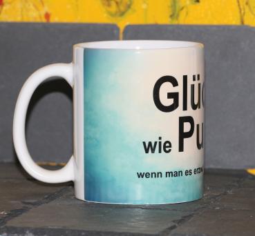 Weiße Tasse mit Spruch "GLÜCK IST WIE PUPSENWENN MAN ES ERZWINGT"