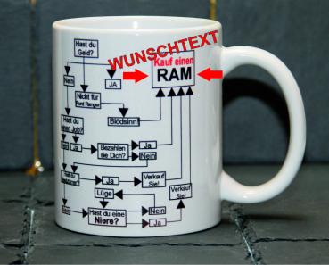 Weiße Tasse mit Spruch "GRÜNDE EINEN RAM ZU KAUFEN"