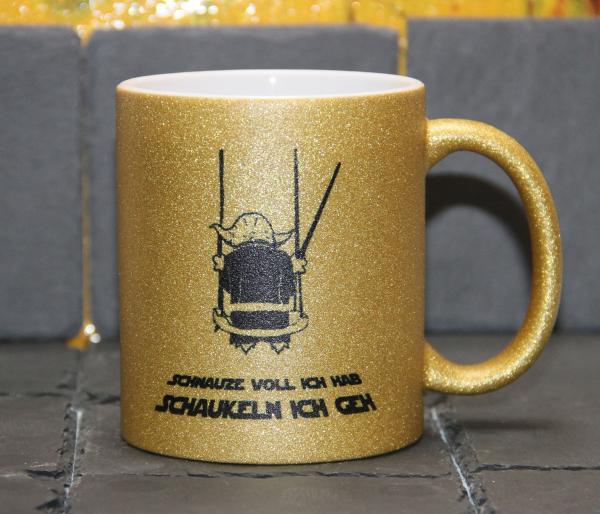 Weiße Tasse mit Spruch  YODA "SCHNAUZE VOLL ICH HAB; SCHAUKELN ICH GEH"