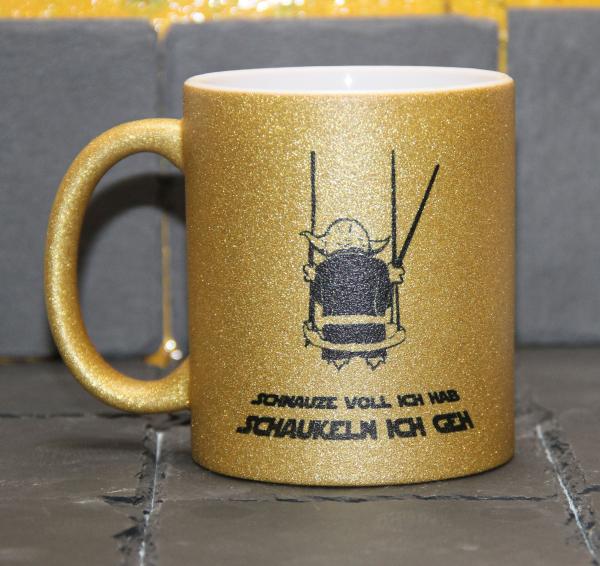 Weiße Tasse mit Spruch  YODA "SCHNAUZE VOLL ICH HAB; SCHAUKELN ICH GEH"