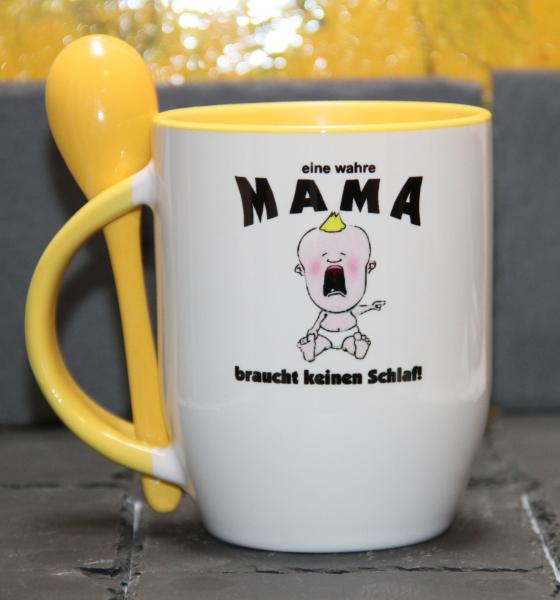 Weiße Tasse mit Spruch "EINE WAHRE MAMA BRAUCHT KEIN SCHLAF"