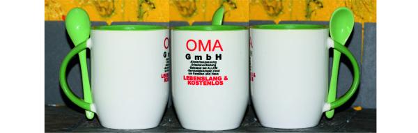 Weiße Tasse mit Spruch "OMA GmbH"