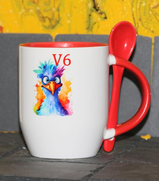 Weiße Tasse mit Spruch "Vögel V8-V6"