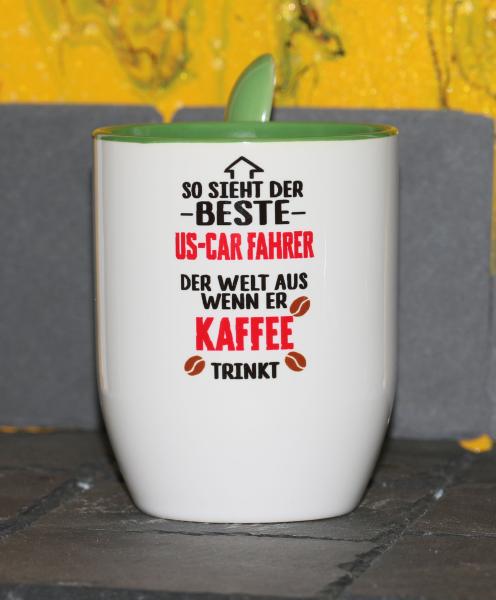 Weiße Tasse mit Spruch "SWeiße Tasse mit Spruch "SO SIEHT DER BESTE US-CAR FAHRER DER WELT AUS"