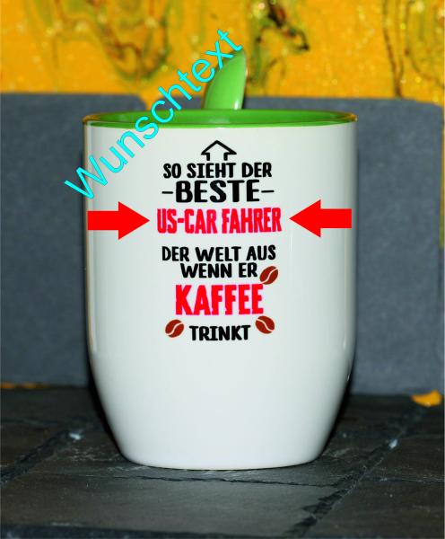 Weiße Tasse mit Spruch "SWeiße Tasse mit Spruch "SO SIEHT DER BESTE US-CAR FAHRER DER WELT AUS"
