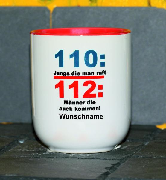 Weiße Tasse mit Spruch "Jungs die man ruft, Männer die auch kommen"