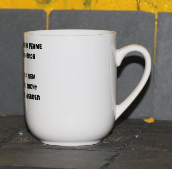 Weiße Tasse mit Spruch "MEIN INDIANISCHER NAME BEDEUTET"