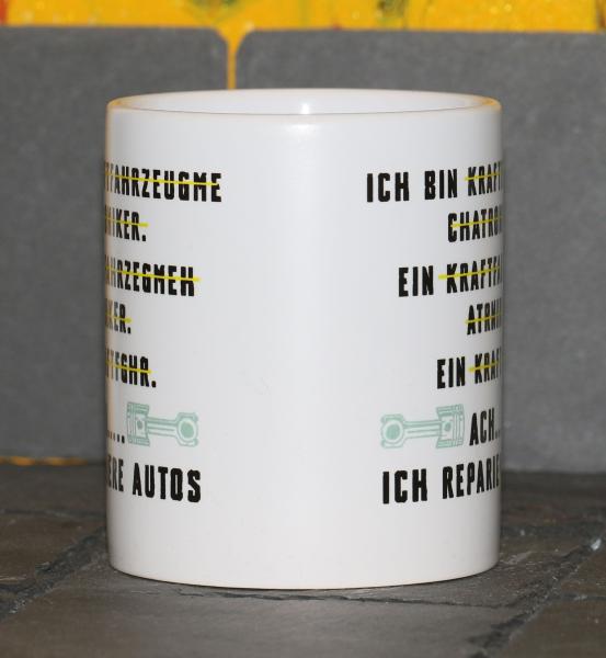 Weiße Tasse mit Spruch "ICH REPARIERE AUTOS"