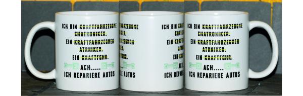 Weiße Tasse mit Spruch "ICH REPARIERE AUTOS"