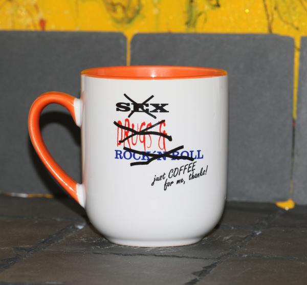 Weiße Tasse mit Spruch "SEX DRUKS & ROCK´N ROLL"