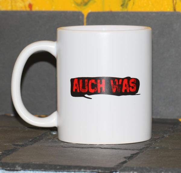 Weiße Tasse mit Spruch "AUF DER RÜCKSEITE STEHT AUCH WAS"