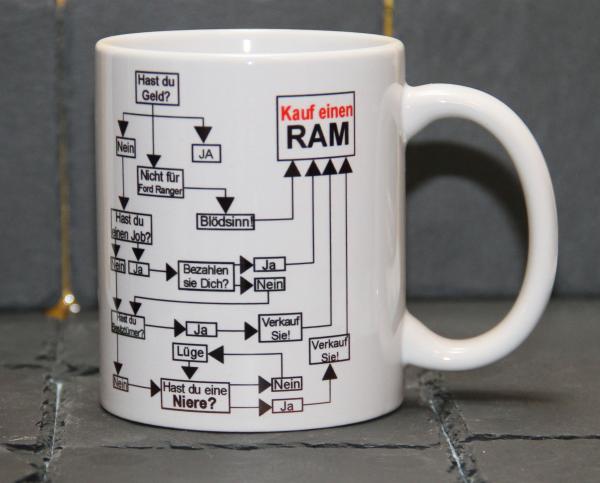 Weiße Tasse mit Spruch "GRÜNDE EINEN RAM ZU KAUFEN"